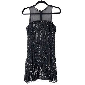 PARKER Designer LBD 100% Silk Sequins Sheer Fit-and-Flare Mini Black Dress sz 6